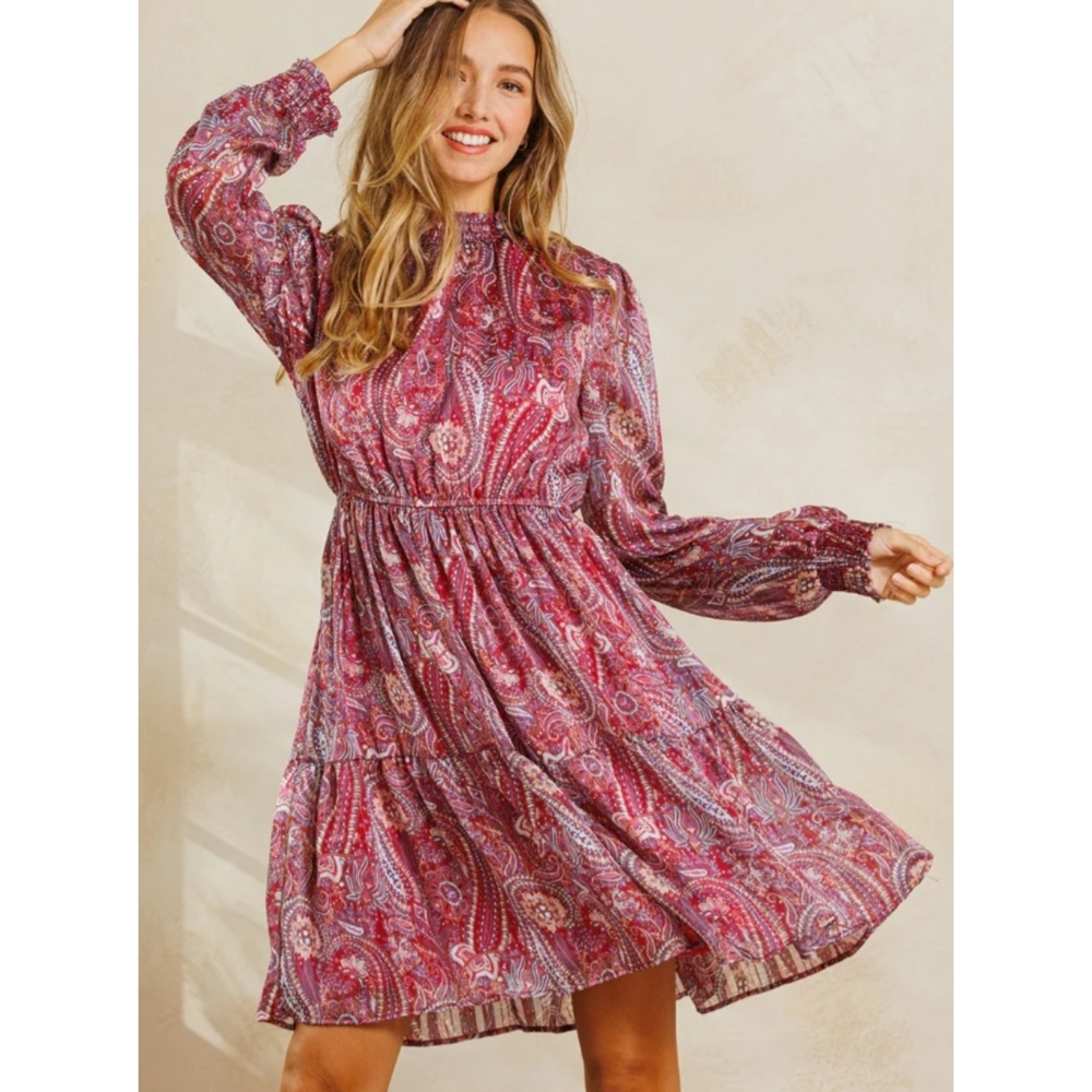 Burgundy & lilac boho paisley print mock neck long sleeve tierd ruffle dress